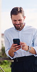 Employee, online and happy man with phone, city or chatting with contact for real estate investment. Typing, message and business person with mobile, realtor and communication on social media app