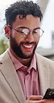 Businessman, glasses and happy with phone, city or chatting with contact for real estate investment. Typing, message and business person with mobile, realtor and communication on social media app
