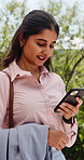 Employee, texting and happy woman with phone, city and chat with contact for real estate investment. Typing, message and business person with mobile, realtor and communication on social media app