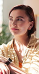 Thinking, smile and woman on sofa with memory, reflection or remember for good mood on weekend. Sunlight, home and person with inspiration, nostalgia and wondering for calm, peace or relax in morning