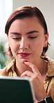 Thinking, online and woman in home with tablet for options, decision and choice for digital streaming. Happy, house and person on tech for internet, website and subscription for movies on weekend