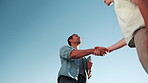 Business, intro or people outdoor with handshake, friendly greeting or negotiation in b2b deal. Space, low angle or employees with shaking hands, networking agreement or introduction in partnership.
