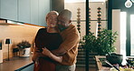 Happy, dancing and holding hands in kitchen for meal prep, fun cooking or vibe together. Interracial couple, love or smile with natural ingredients or food for weekend, holiday or bonding in house