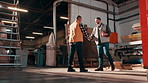 Carpentry, men and deal handshake in workshop for production contract, joinery team and partners. Business, carpenters and shaking hands for design approval, trust and custom furniture collaboration