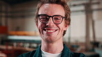 Glasses, carpenter and face of man in workshop for woodwork, manufacturing and joinery. Furniture factory, restoration and craftsmanship with person in warehouse for labor, timber and about us