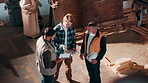 Woodworking, team and tablet with people in warehouse for carpenter, inspection and factory checklist. Meeting, manufacturing inventory and furniture joinery with above of men for production