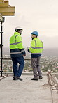 Architect, team and men with tablet on construction site, talk and planning for property development. Civil engineer, walk and people with tech, discussion and building inspection updates on app