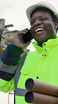 Smile, black man and engineer outdoor with phone call, inspection and planning for architecture. Happy, male person and discussion with mobile, quality assurance and feedback for building development