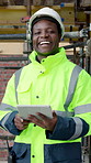 Architect, face and man with tablet on construction site, laugh and property development on website. Happy, civil engineer and black person with tech, confident and project management in Nigeria