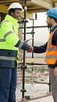 Architect, handshake and men with tablet in city, collaboration and property development on website. Civil engineer, success and happy people with tech for construction, shaking hands and agreement
