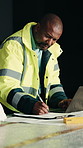 Black man, engineer and clipboard with laptop for construction, research or report for inspection. Mature person, writing and pc at site with checklist, evaluation and information for building safety