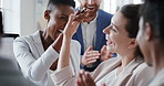 Office, laugh and business people in meeting high five for funny joke, feedback and financial agency. Corporate, finance and happy workers with humor, good news and conversation for finance review