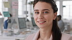 Business woman, face and office with smile, confidence and pride by glass wall for planning. Female person, corporate or happy professional portrait with coworking, project expert and about us 