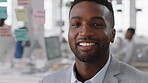 Businessman, face and confidence in office with pride, glass wall and development at agency. Person, happy and professional portrait with coworking, project expert and about us for career growth