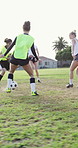 Sports, soccer or women on field with game, match goal and teamwork in weekend training. Fitness, collaboration or players outdoor with competition, football event or tournament score in Australia.