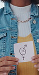 Hands, face and businesswoman with gender equality paper for equal pay, fair progression or inclusion. Advocacy, serious employee and symbol for female rights, office activism and company wage equity