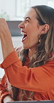 Excited, woman and fist bump in office with laptop, milestone or announcement for project success. Happy, person and celebration in creative agency with computer, notification or achievement of goals