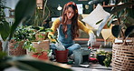 Pot plant, soil and woman on floor in home for maintenance, hobby and growth for floral health. Eco friendly, house and person with fertilizer for indoor gardening, botany and change for houseplant