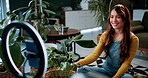 Talking, pot plant and woman in home on live stream for advice, botany tips and care for vlog. Influencer, content creator and person with ring light for hobby, indoor gardening and social media