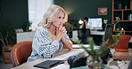 Creative, thinking and woman with computer in business, graphic designer and digital project on web. Employee, reflection and person with tech in office, coworking and ideas for design assignment
