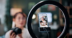 Woman, photographer and vlogger with phone screen or ring light for live recording in home. Female person, freelancer or content creator with smartphone display for online tutorial, advice or tips