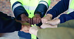 Architect, people and meeting with fist bump for unity, collaboration or solidarity together. Group, employees or contractor team with trust, mission or cohesion for building, deal or development