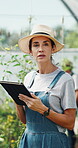 Farmer, inspection and woman with tablet in farm, agriculture and crop management on web and online. Mature person, typing and monitor climate for plant growth, research and quality assurance report