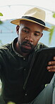 Greenhouse, quality check and man with tablet, agriculture and crop management on web or inspection. Black person, online and monitor climate for plant growth, scroll and research with tech in farm