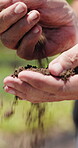 Farmer, hands and soil testing in farm, agriculture and inspection for crop sustainability or growth. Dirt, quality check and person with fertilizer for plants, entrepreneur and environmental care