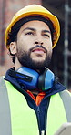 Building, tablet and thinking with man on construction site for engineering or property development. Architecture, app and inspiration with industrial worker outdoor for planning, research or vision