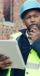 Tablet, black man and radio on construction site with communication for building, renovation or repairs. Safety, feedback and civil engineer with digital tech for inspection update or risk assessment