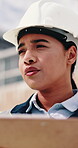 Thinking, shipping and check with woman and clipboard for inventory, distribution report and vision. Freight checklist, quality control and reflection with person outdoor for logistics and inspection