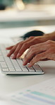 Man, hands and typing in office with computer, data analysis report and planning for financial audit. Accountant, person and research in business with desktop, stats and graphs for risk assessment.