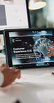 Creative, team and hands with tablet screen in office, planning and ai chatbot for customer service. Marketing, digital transformation and business people with ideas, display and strategy with tech