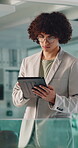 Creative, research and man with tablet in business, browsing and planning for ad campaign on website. Brand manager, online and person with glasses, scroll and digital marketing with tech in office
