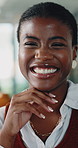 Face, black woman and laugh in office, creative and confident brand manager with career growth. Funny worker, smile and person in company, marketing professional or campaign advisor in business