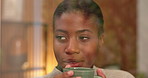 Thinking, black woman and blow coffee at window, calm and peace on weekend break in apartment. Thoughts, hot drink and female person in home with memory, reflection and contemplating with view