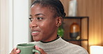 Thinking, coffee and black woman at apartment with smile, calm and peace on weekend break. Thoughts, beverage cup and happy person in home with memory, reflection and contemplating with window view