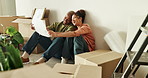 Couple, real estate and blueprint for renovation, funny joke or refurbishment project for house design. African man, woman and floor plan for remodeling property, laugh or layout document in new home