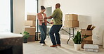 Smile, dancing or couple holding hands in new home, relocation or property ownership for celebration. Support, bonding or African people with mortgage for investment, real estate or moving to music