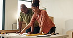 Couple, new home and blueprint for remodeling, planning or real estate discussion for upgrade. African man, woman and renovation document for house floor plan, architecture idea or property design