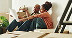 Couple, moving or blueprint for renovation, talking or real estate with refurbishment project. African man, woman and floor plan document for remodeling property, interior design or new home layout