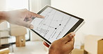 Hands, new home and tablet screen with blueprint for remodeling, real estate or architecture design. Tech, person and renovation with floor plan in house for property refurbishment, layout or scroll