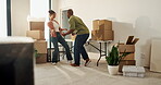 Moving, dancing and couple with smile in new home, relocation or property ownership for celebration. Real estate, bonding or African people with mortgage for investment, milestone or groove to music