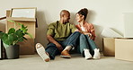 Real estate, laugh or couple in home with face, fresh start or investment in dream house. Happy, portrait or African people with joke reaction, property success or new homeowner in moving achievement