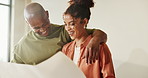 Couple, new home or blueprint for remodeling, laugh or hug with real estate idea for upgrade. African people, document or planning renovation for house improvement, funny joke or property development