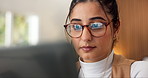 Laptop, glasses and businesswoman in home with freelance career for finance project with budget planning. Computer, reading and female financial advisor with remote work on investment report in house