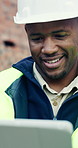 Tablet, black man and happy on construction site with planning for building, renovation or repairs. Smile, feedback and civil engineer with digital tech for inspection update or risk assessment
