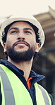 Architecture, helmet and thinking with man on construction site for engineering or property development. Building, hard hat and inspiration with industrial worker outdoor for planning or vision