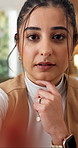 Face, woman and virtual touchscreen for business, thinking or scroll finance app for user experience. POV, person and futuristic interface in office, problem solving and swipe for investment idea